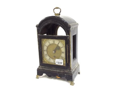 Small ebonised single fusee bracket clock, the 4" square brass dial within a rounded arched stepped case surmounted by a bras