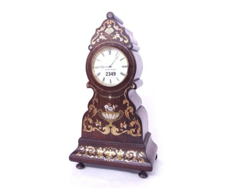 Rosewood and brass inlaid balloon mantel clock timepiece, the 3.5" dial within an ornate shaped stepped case, 15.25" high