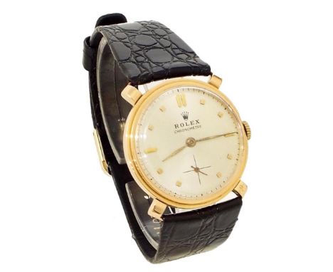 Rolex Chronometer 1930s 18k rose gold gentleman's wristwatch, the silvered dial with gold dot markers and subsidiary seconds,