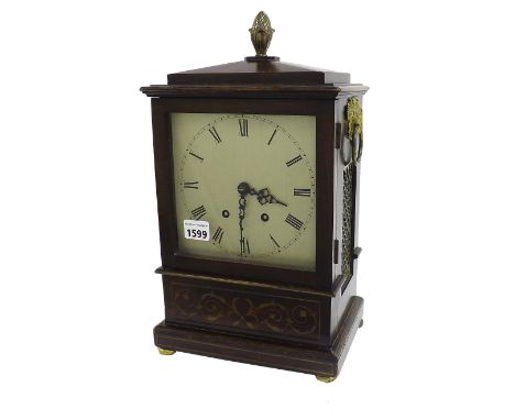 Mahogany and brass inlaid two train bracket clock, the Gustav Becker movement striking on a gong, the 6.5" silvered square di