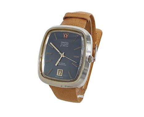 Omega De Ville Electronic f300Hz Chronometer stainless steel gentleman's wristwatch, the blue oblong dial with baton markers,