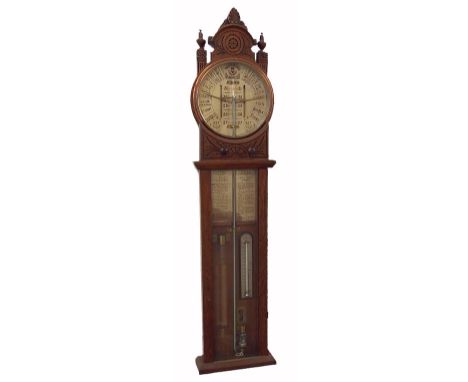 Admiral Fitzroy oak cased barometer, inset with a Shoolbred & Co thermometer, the 8" circular dial within a scratch carved fo