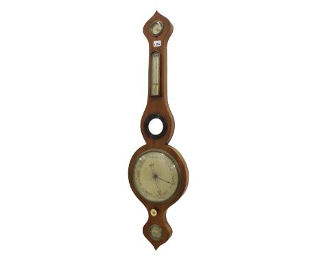 Walnut five glass banjo barometer, with 8" silvered principal dial within a shaped case surmounted by an onion top