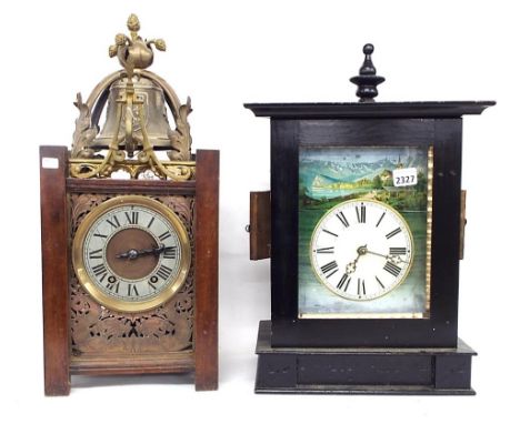 Black Forest two train mantel clock, the 5.25" dial within an alpine painted surround and ebonised stepped case, 18.75" high 