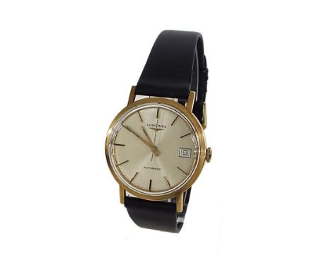Longines automatic 9ct gentleman's wristwatch, circa 1979, the silvered dial with baton markers, sweep centre seconds and dat