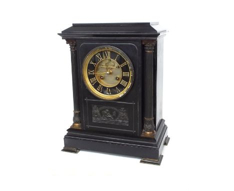 Large black slate two train mantel clock, the S. Marti movement striking on a gong, the 5.5" slate dial enclosing a recessed 
