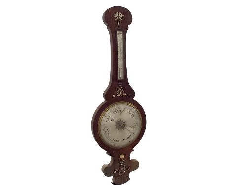 Large rosewood two glass banjo barometer, with a 10" silvered dial within a mother of pearl inlaid foliate top case, 39" high