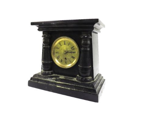 Black marble single fusee mantel clock in the Egyptian style, the 3.5" gilt dial with engine turned centre within a temple st