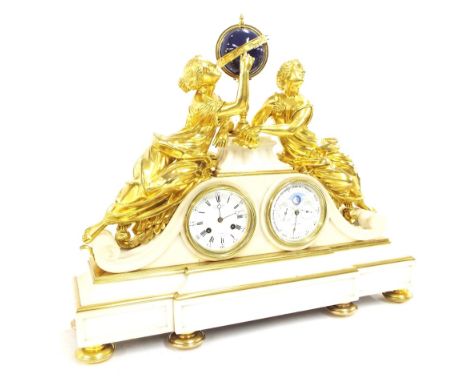 Good French ormolu and white marble two train figural mantel clock and perpetual calendar, the movement back plate signed Ler