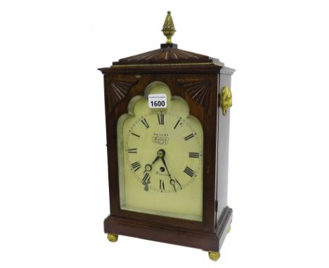 Good English rosewood single fusee mantel clock, the movement with unusual quality lever escapement, the cream wavy arched di