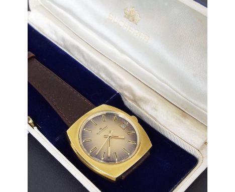 Bucherer automatic gold plated gentleman's wristwatch, the circular gilt toned dial with baton markers, sweep centre seconds 