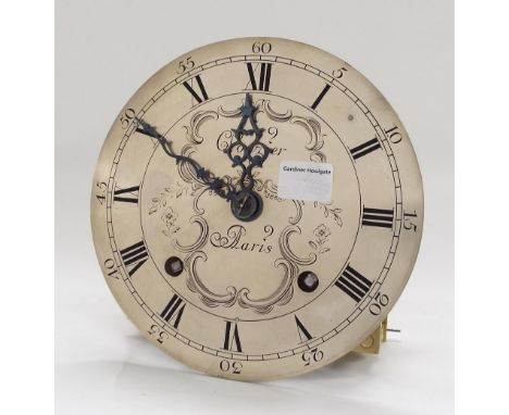 Early French bracket clock two train movement, with outside countwheel and striking on a bell, the back plate and 8" silvered