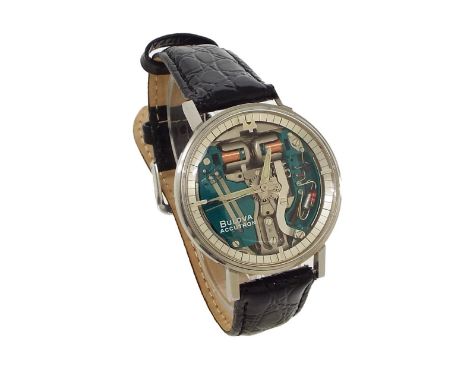 Bulova Accutron Spaceview stainless steel gentleman's wristwatch, the skeletonised dial with luminous Dauphine hands and swee