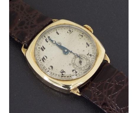 1930s 9ct cushion case gentleman's wristwatch, Birmingham 1936, the silver engine turned dial with Arabic numerals and subsid