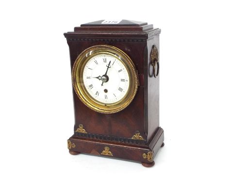 Small mahogany single fusee mantel clock, the 3.25" circular dial within a stepped case with applied engraved gilt metal moun