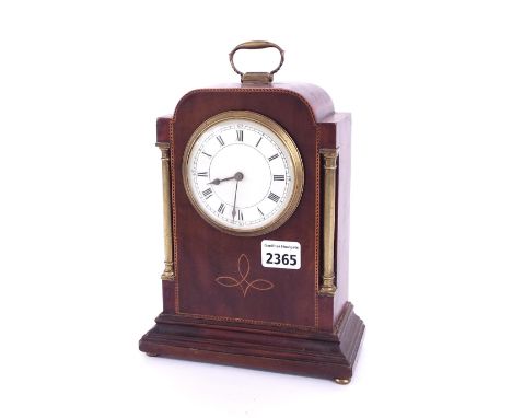 Edwardian mahogany inlaid mantel clock timepiece, the 3.25" dial within a pillared case surmounted by a brass carrying handle