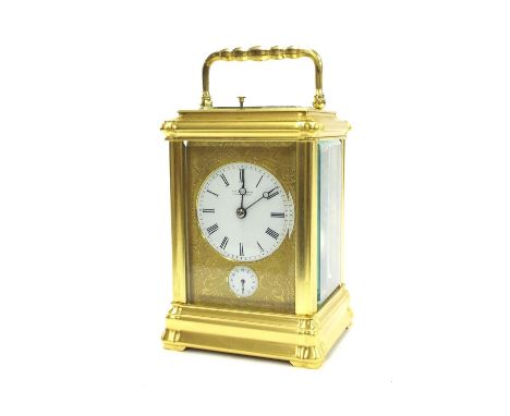 Good gilt brass Petite Sonnerie carriage clock striking on two bells, the movement back plate signed Klaftenberger, the princ