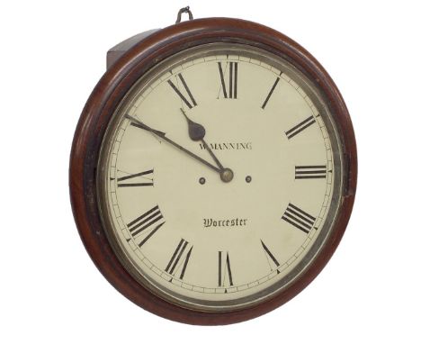 Mahogany double fusee 12" wall dial clock signed W. Manning, Worcester, within a turned surround (pendulum)