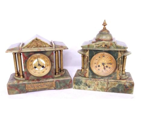 Green onyx two train mantel clock striking on a gong, the movement back plate signed R & Co, Paris, the 4" gilt dial within a