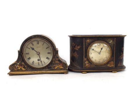 English mantel timepiece, the 4.25" silvered dial signed Harrods Limited, London, S.W.1, within a shaped rounded arched chino