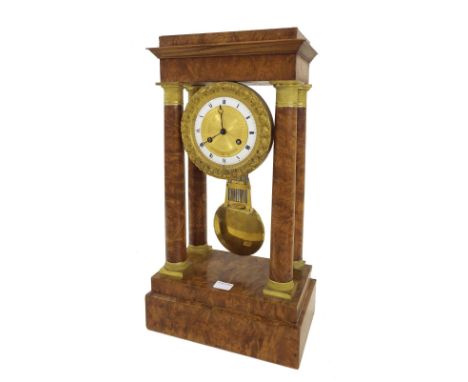 French burr walnut and ormolu mounted two train portico mantel clock, the movement with outside countwheel striking on a bell