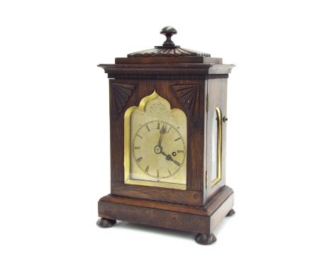 Rosewood single fusee bracket clock, the 4" silvered arched dial signed King Lynn, the stepped case with gadrooned pad top an