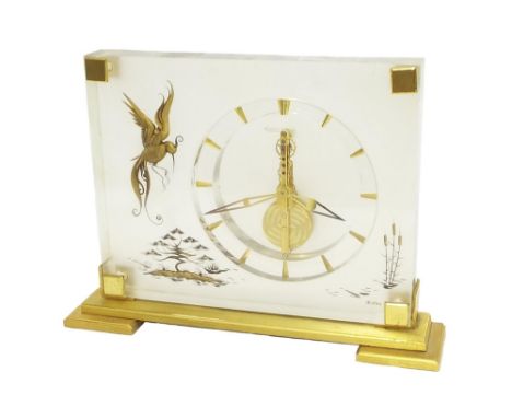 Jaeger Le Coultre Perspex and gilt Marina desk clock, the 4" dial with baton markers enclosing a visible movement, upon a ste