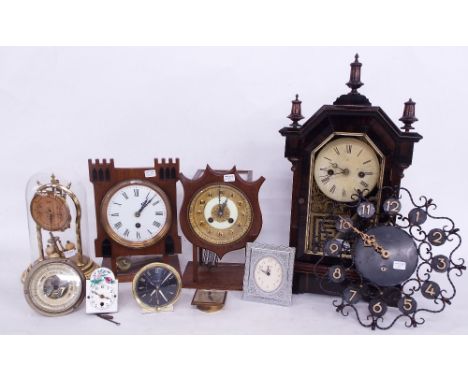 American wooden two train shelf clock, 14.5" high, a Schatz four torsion clock under a glass dome, 9" high, two experimental 