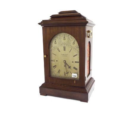 Mahogany triple fusee bracket clock, the substantial movement playing on a nest of eight bells and striking on a large gong, 