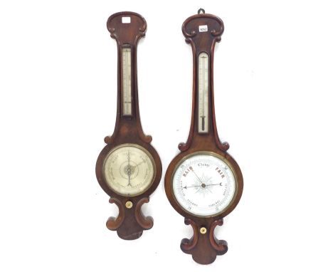 Walnut banjo barometer/thermometer, the 10" white dial within a shaped case with C-scroll borders; also another similar banjo