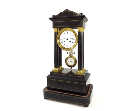 French ebonised two train portico mantel clock, the Japy Freres movement with outside countwheel striking on a bell, the 4.25