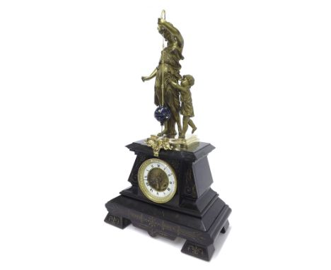 French black slate and ormolu conical two train figural mantel clock, the movement with outside countwheel striking on a bell