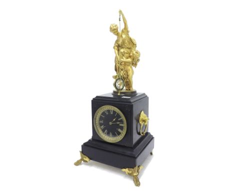 Black marble two train figural mystery mantel clock, the movement with outside countwheel striking on a bell, the 4" black sl