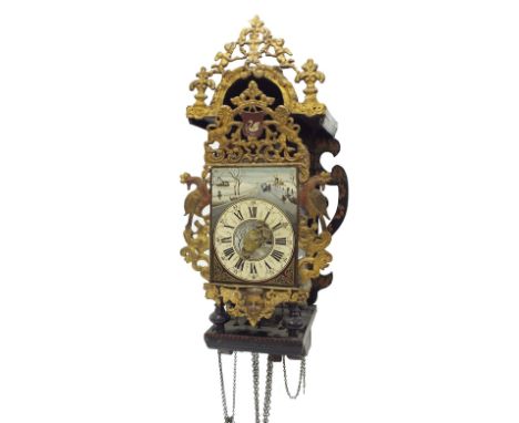 Good Dutch wall clock, the pillared verge movement striking on a bell, the 5.75" painted chapter ring with brass alarm dial a