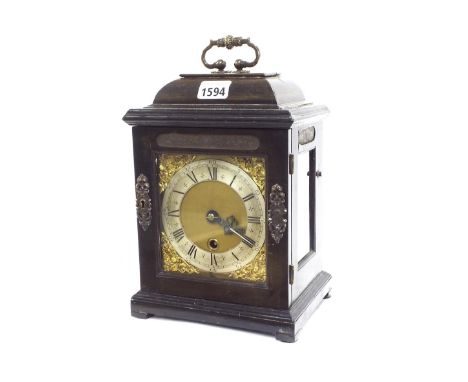 Small English ebonised single fusee bracket clock, the 5" square brass dial plate with silvered chapter ring enclosing a matt