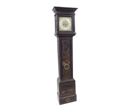 Black lacquer and chinoiserie decorated eight day longcase clock, the 11" square brass dial signed R. Smith, Loughborough on 