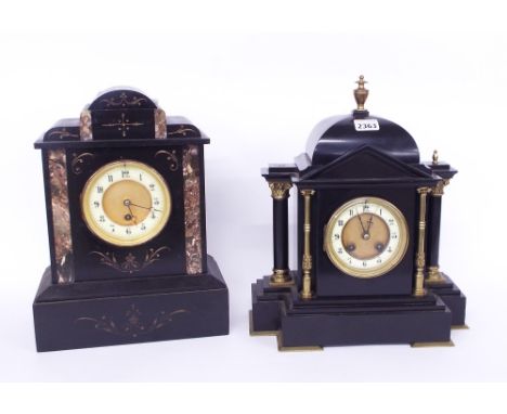 Black slate two train mantel clock striking on a bell, the 3.5" dial with recessed matted centre within a stepped pillared te