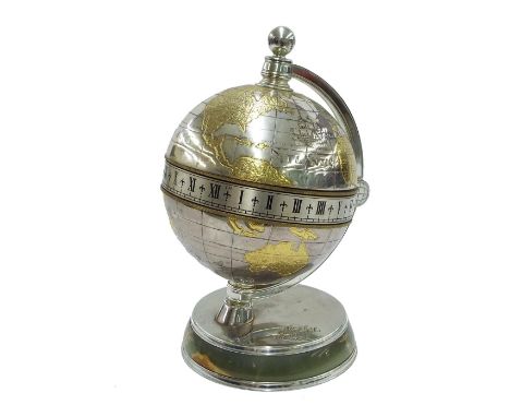 Mappin & Webb Ltd 'The Greenwich Meridian Clock', ser. no. 081, the silvered horizontal chapter ring within a hinged globe ca