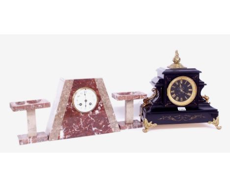 Black slate two train mantel clock, the movement with outside countwheel striking on a bell, the 3.75" slate dial within a st