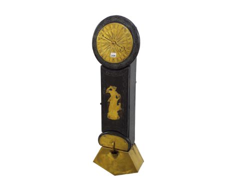 Arts & Crafts dark stained oak water wall clock, the 8" brass dial with sunburst engraved centre enclosed by twenty-four hour