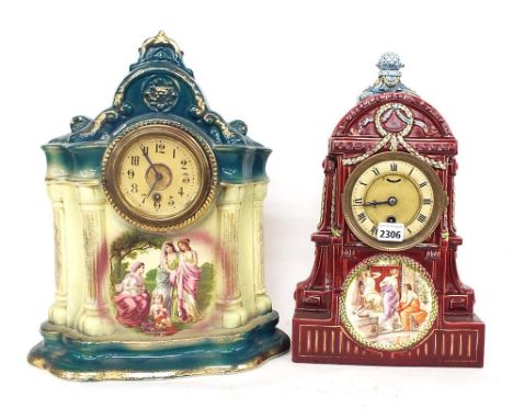 Two pottery mantel clock timepieces, tallest 16.5" high (2)