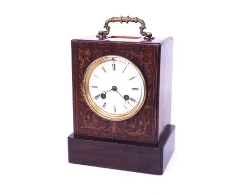 French rosewood two train mantel clock, the Japy Freres movement with outside countwheel striking on a bell, the 3.25" white 