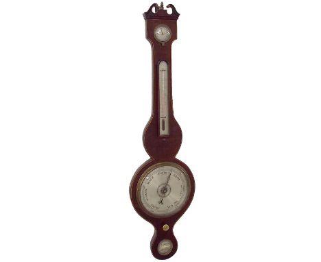 Mahogany four glass banjo barometer, 8" silvered dial, signed J. Minoretti, Leicester, 39" high