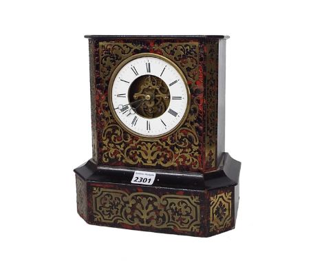 Simulated boulle work and ebonised eight day mantel timepiece, the 4.25" white chapter ring enclosing a skeletonised centre, 