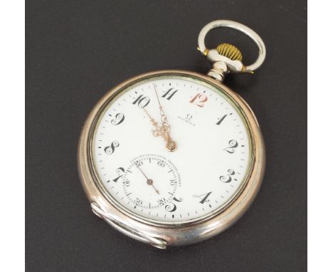 Omega silver (0.800) lever pocket watch, movement no. 5185721, the dial with Arabic numerals, red twelve with subsidiary seco