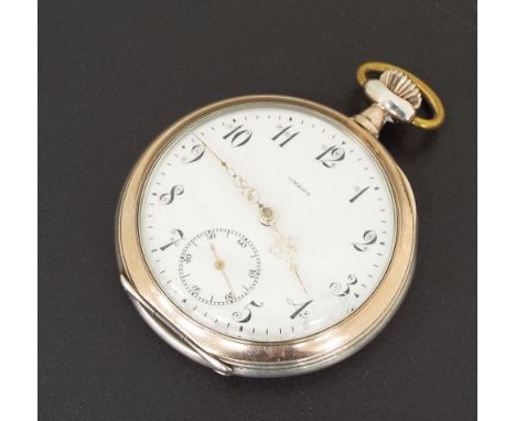 Omega white metal (0.800) lever pocket watch, the dial with Arabic numerals and subsidiary seconds within an engine turned ca