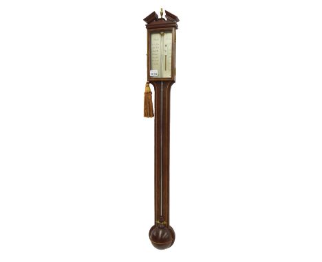 Contemporary mahogany stick barometer, the silvered dial signed Rosetti, London, surmounted by a broken architectural pedimen