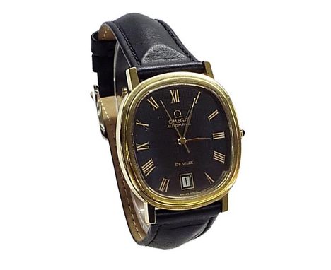 Omega De Ville automatic oval gold plated gentleman's wristwatch, the black dial with Roman numerals, sweep centre seconds an