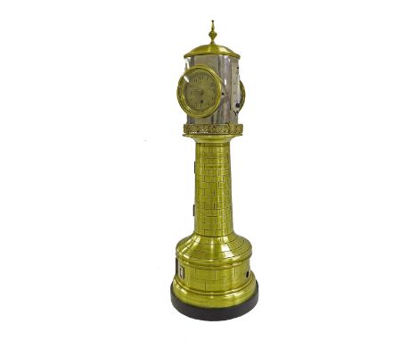 Industrial brass and chrome automaton lighthouse clock, the rotating multi-dial chrome case top with 2" gilt engine turned cl