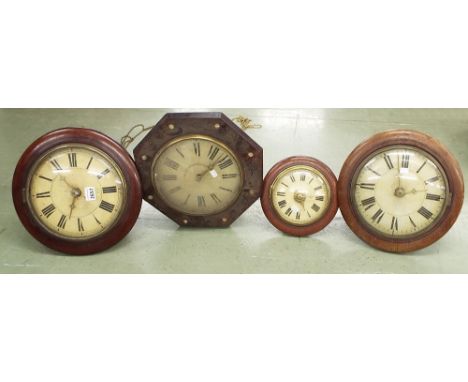 Small mahogany 6" postman's alarm wall dial clock; also three other various postman's alarm wall clocks, with some weights an